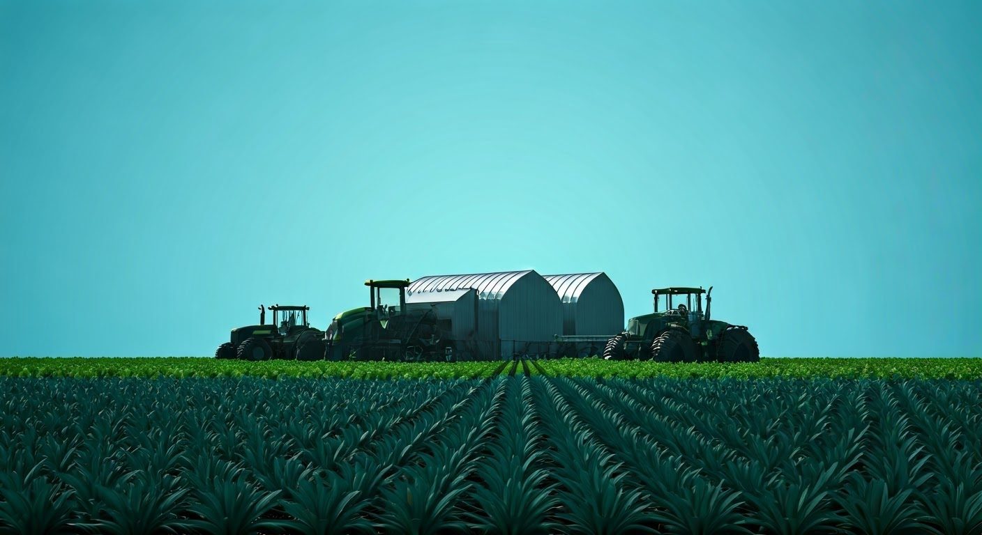 Minimalist farming landscape with tractors.